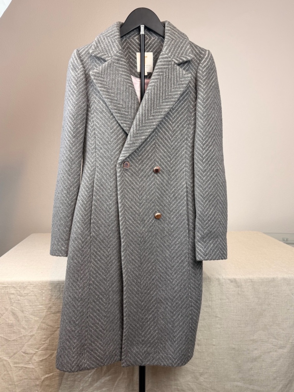 Ted Baker Gray Herringbone Double-Breasted Wool Coat